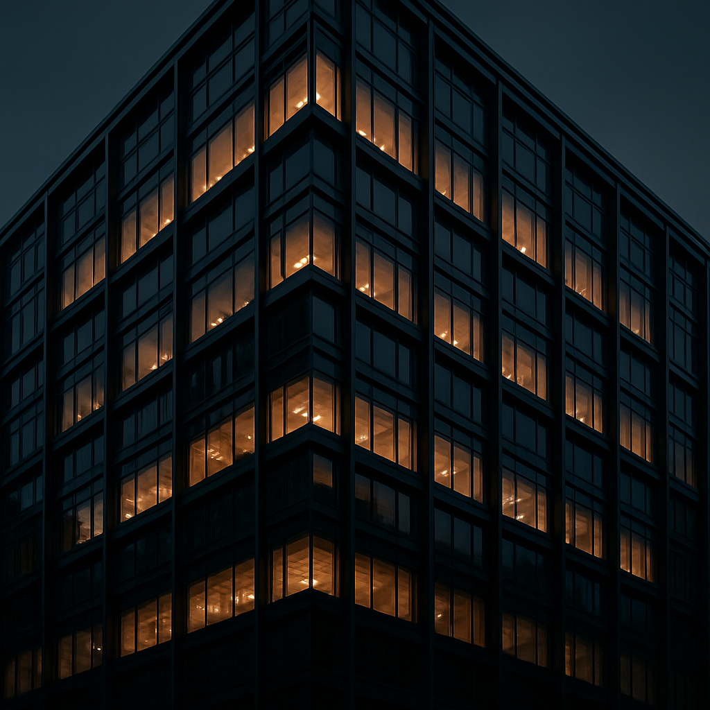 Edificio corporativo moderno construido por IMAGA al atardecer