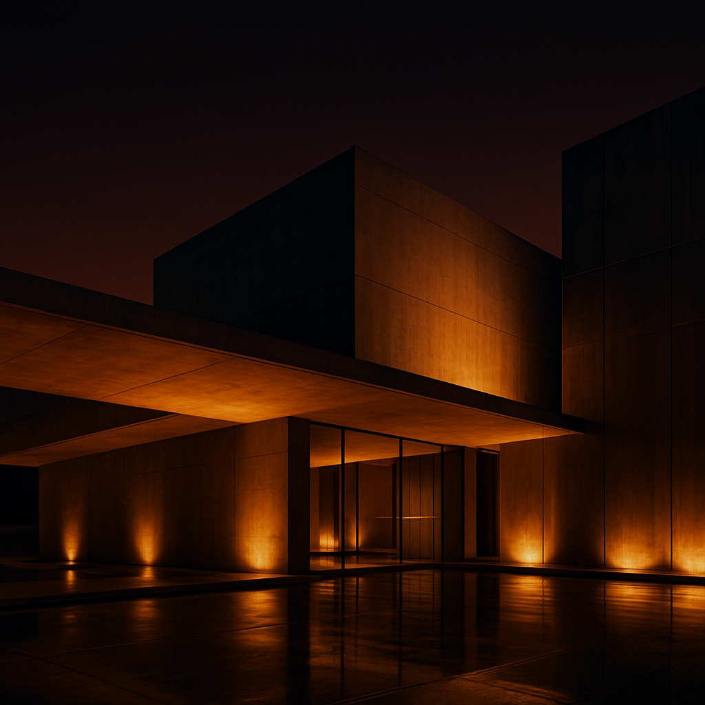Estructura arquitectónica moderna de IMAGA al atardecer